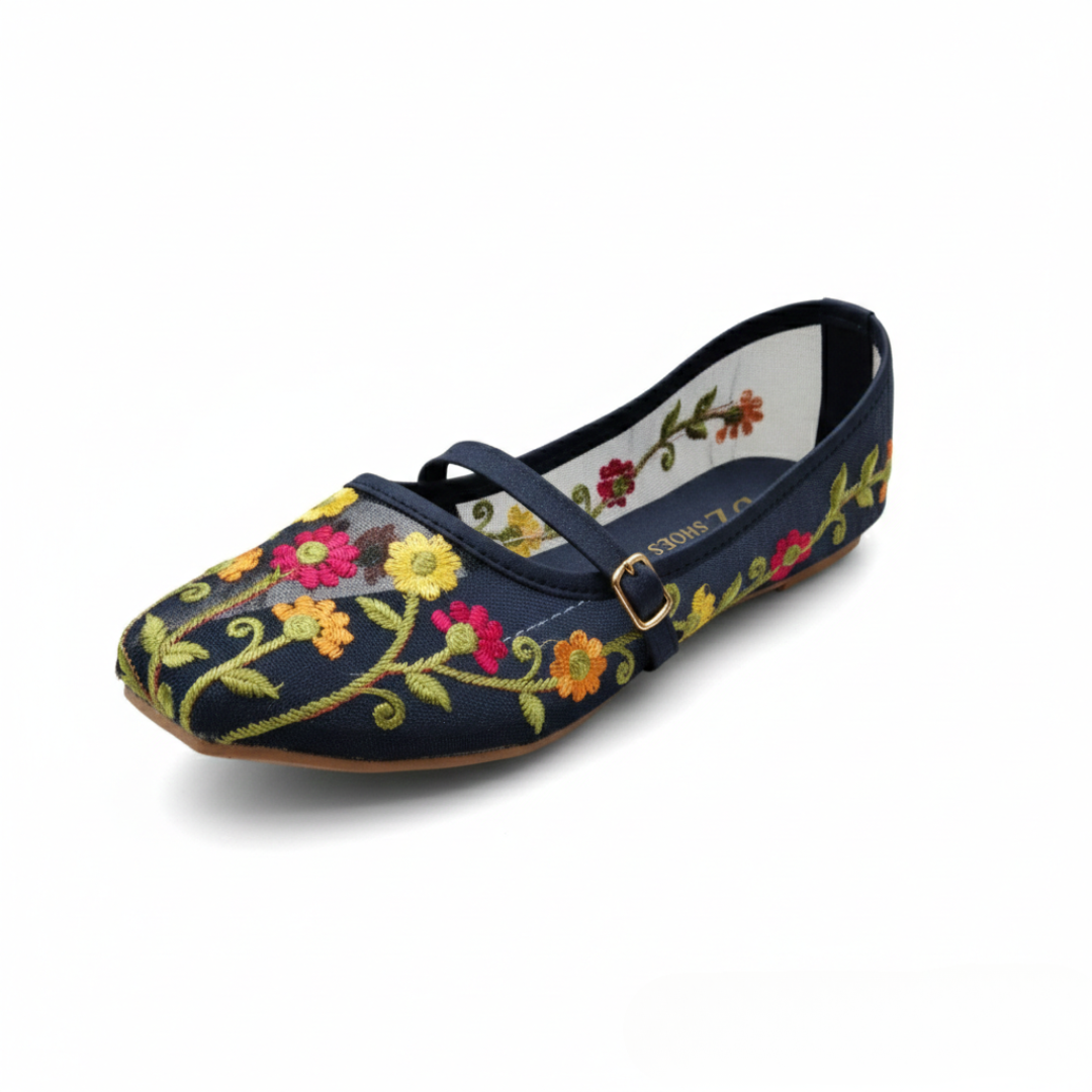 Navy Floral Embroidered Mesh Flats