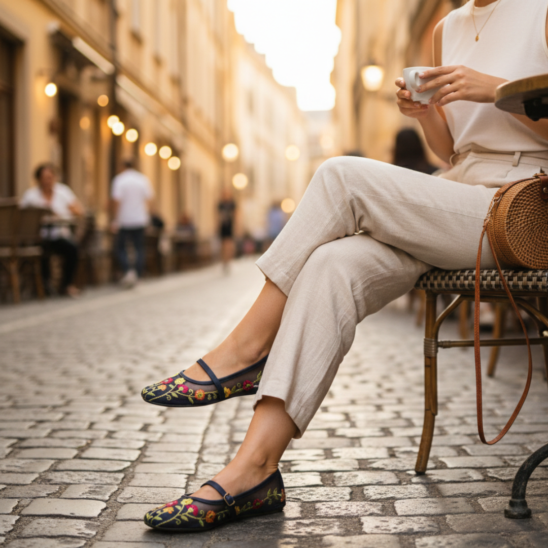 Navy Floral Embroidered Mesh Flats