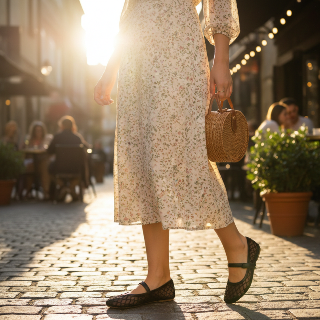 Black Geometric Mesh Ballet Flats