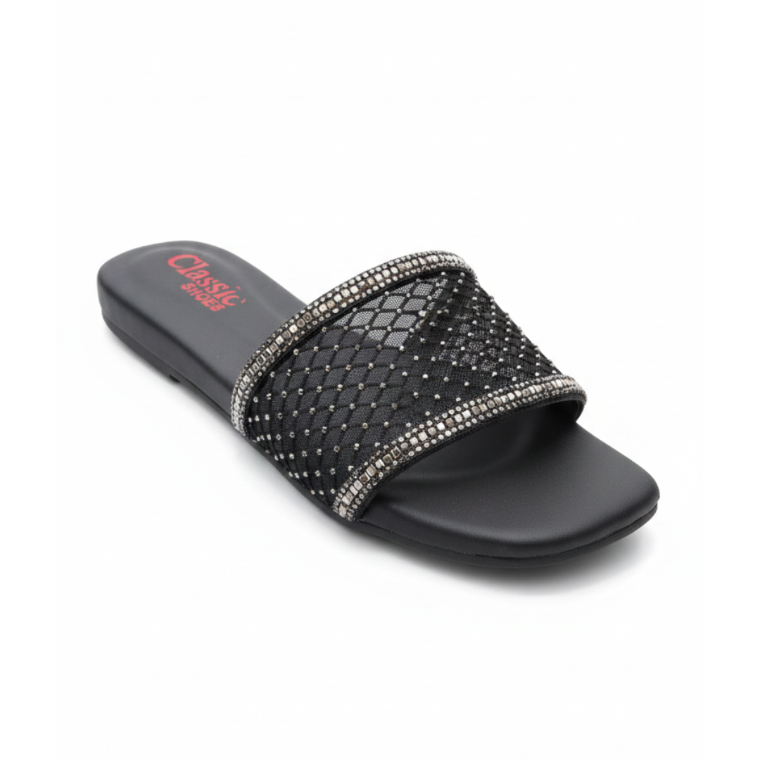 Black Rhinestone Mesh Slides – Glamorous Flat Comfort Sandals