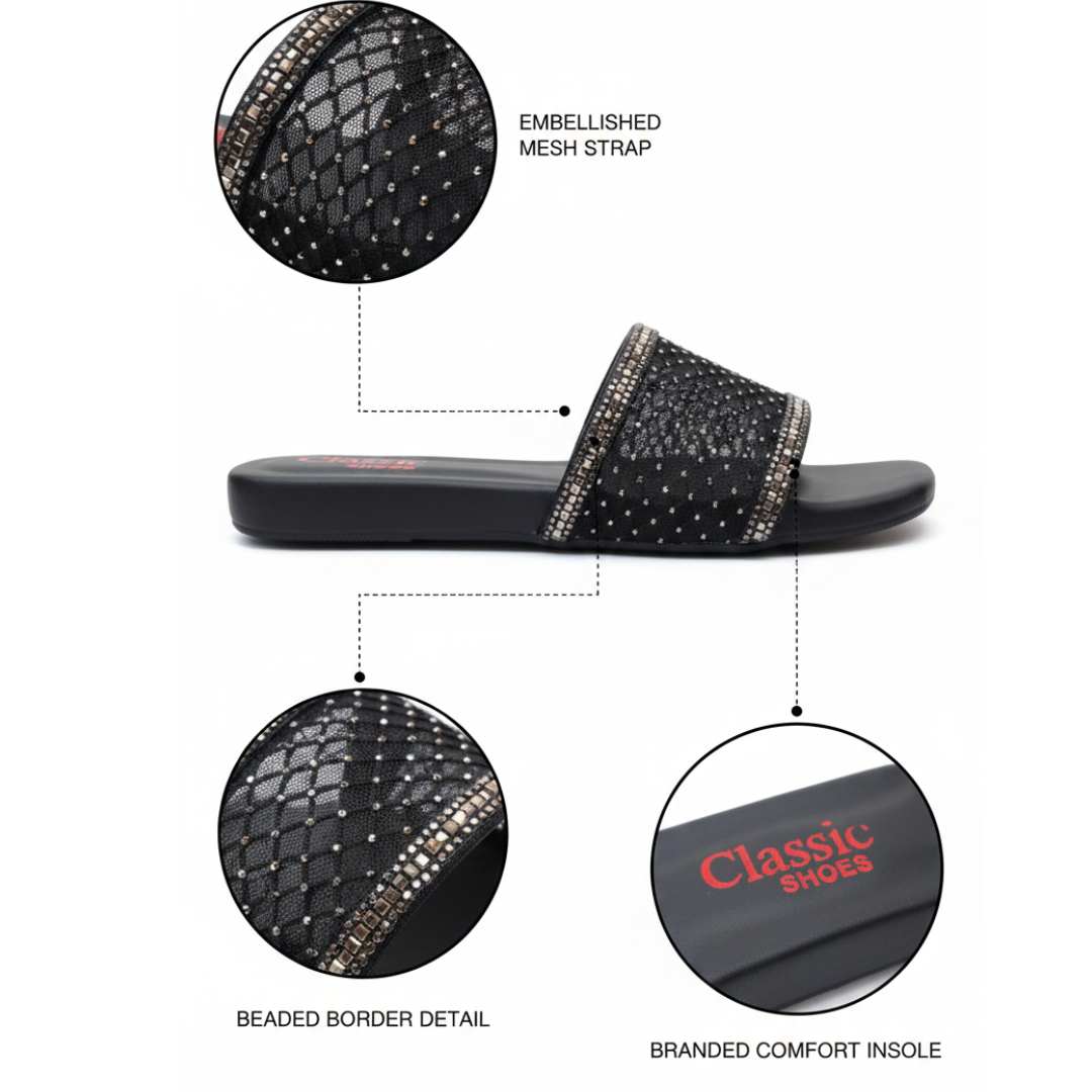 Black Rhinestone Mesh Slides – Glamorous Flat Comfort Sandals
