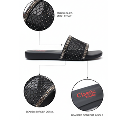Black Rhinestone Mesh Slides – Glamorous Flat Comfort Sandals