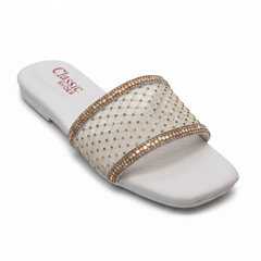 Gold Rhinestone Mesh Slides – Elegant Shimmer Flat Sandals