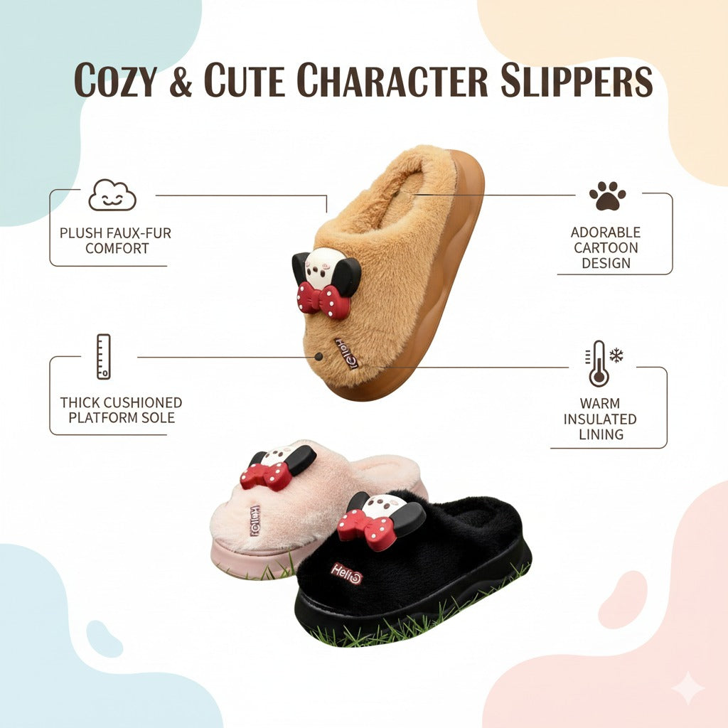 3D Bow Character Plush Slippers  Warm Winter Indoor Shoes