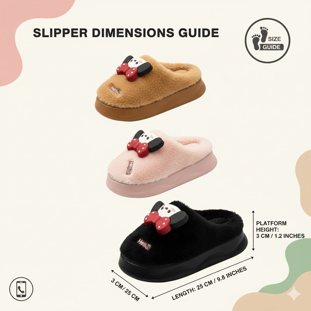 3D Bow Character Plush Slippers  Warm Winter Indoor Shoes