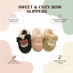 3D Bow Character Plush Slippers  Warm Winter Indoor Shoes