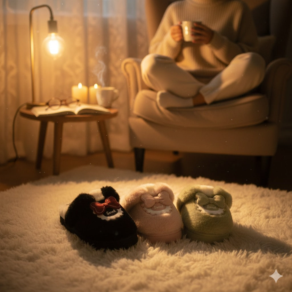 3D Bow Character Plush Slippers  Warm Winter Indoor Shoes