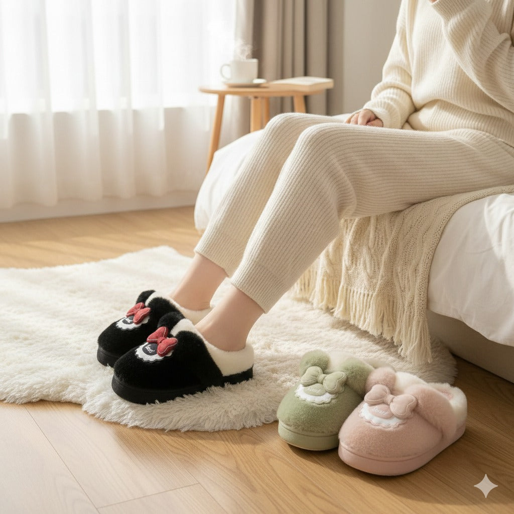 3D Bow Character Plush Slippers  Warm Winter Indoor Shoes
