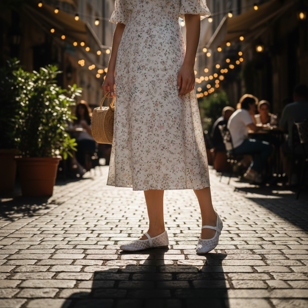 White Mesh Mary Jane Flats