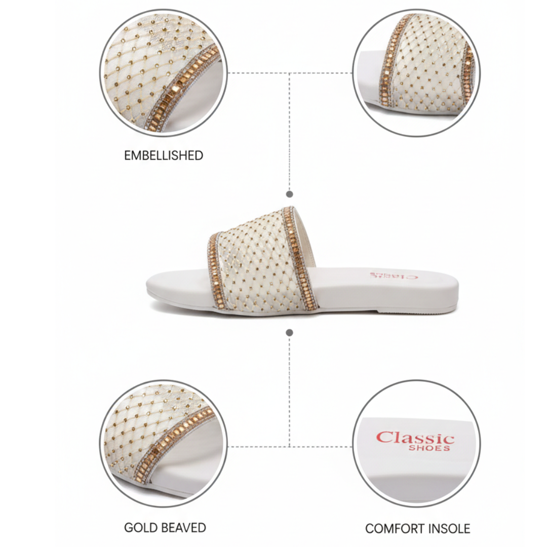 Gold Rhinestone Mesh Slides – Elegant Shimmer Flat Sandals