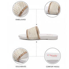 Gold Rhinestone Mesh Slides – Elegant Shimmer Flat Sandals