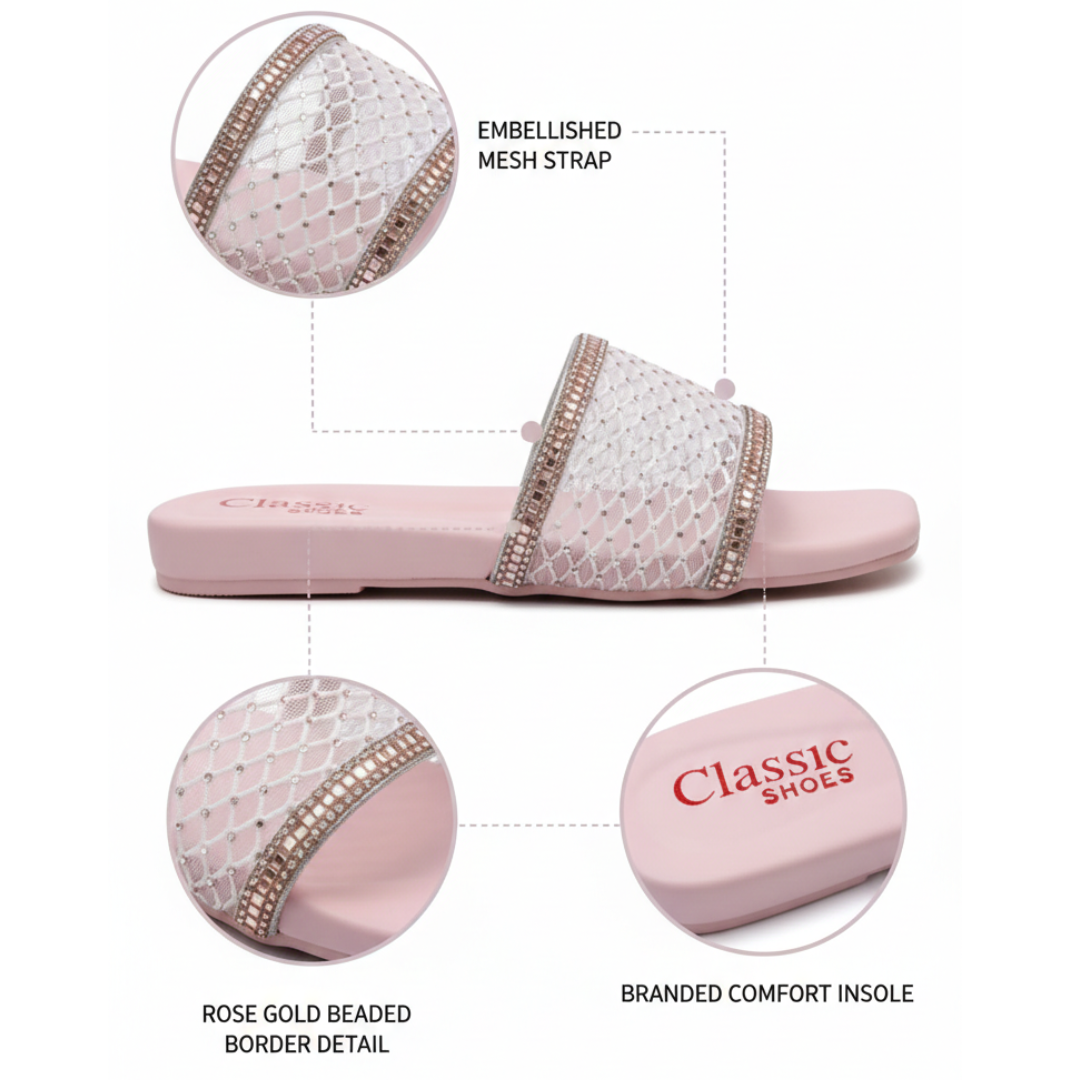 Rose Pink Rhinestone Mesh Slides – Sparkling Pastel Flat Sandals