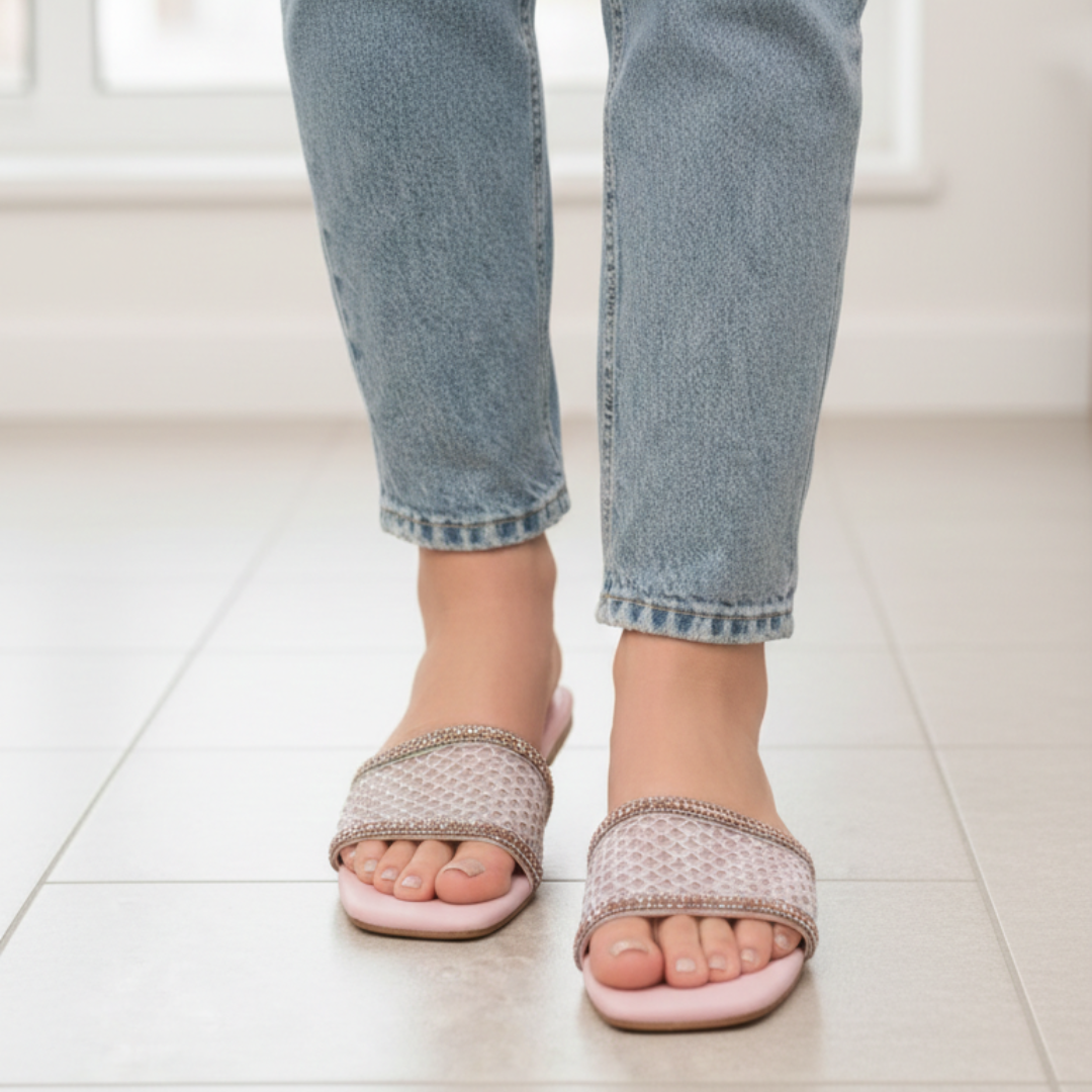 Rose Pink Rhinestone Mesh Slides – Sparkling Pastel Flat Sandals
