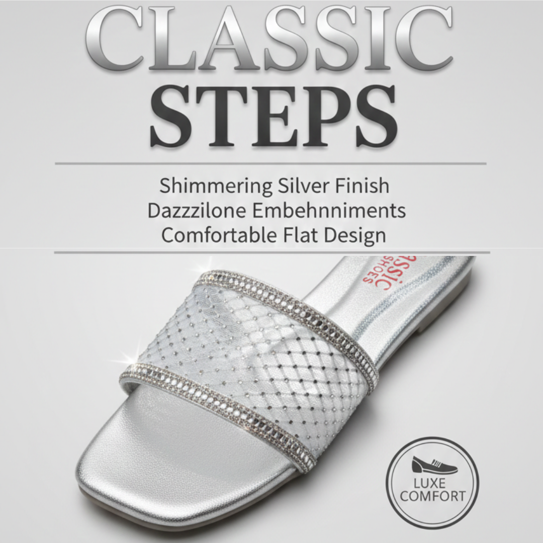 Silver Rhinestone Mesh Slides – Sparkling Flat Sandals
