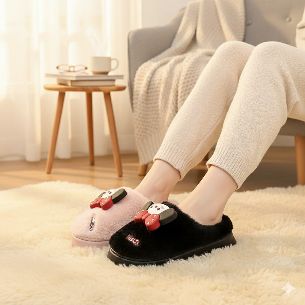 Cozy Cartoon Bow Plush Slippers with Warm Fur Lining & Thick Cushion Sole