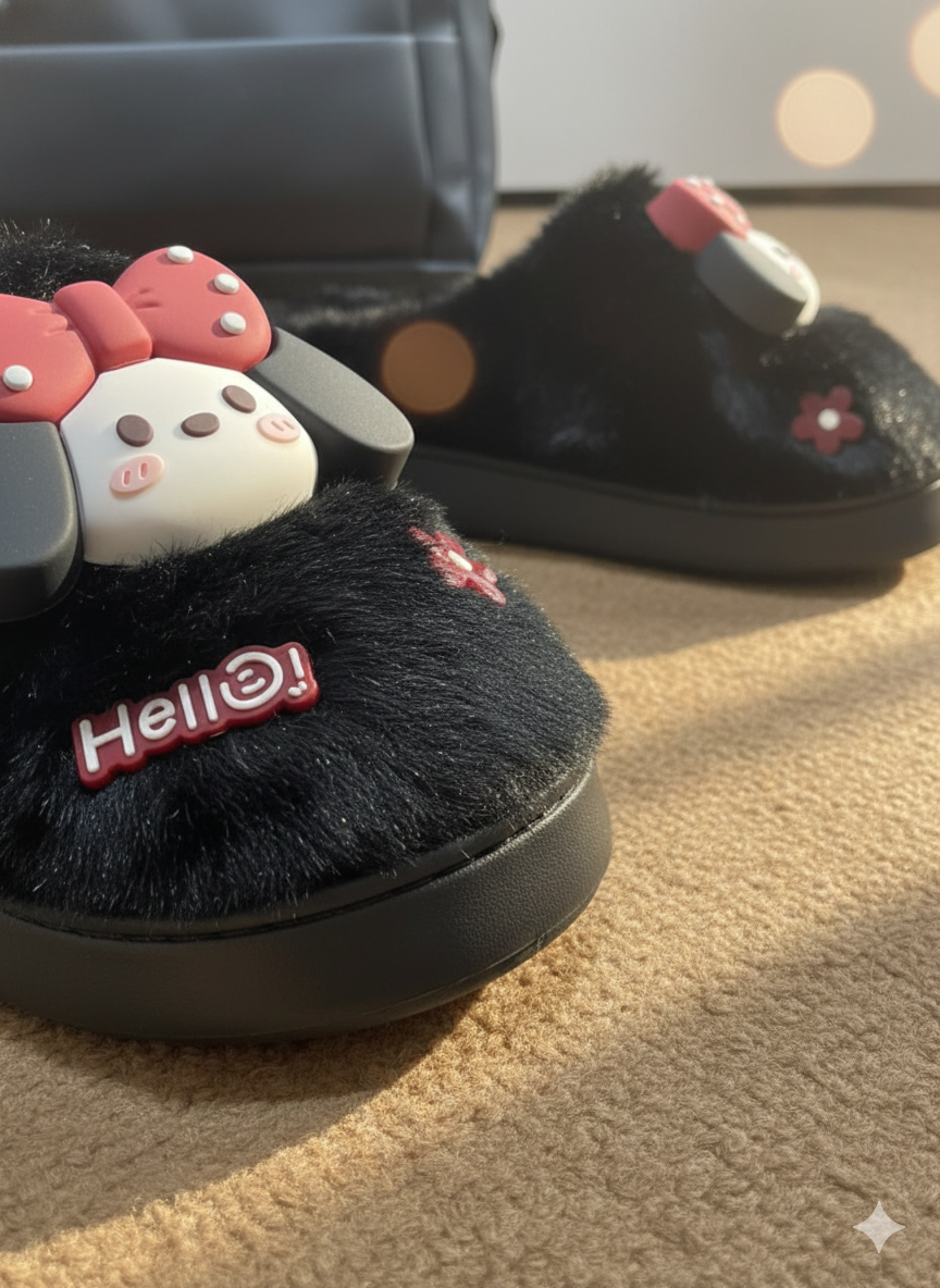 Hello Puppy Cozy Slippers 3D Bow Puppy Plush Slippers | Cute Winter Indoor Shoes