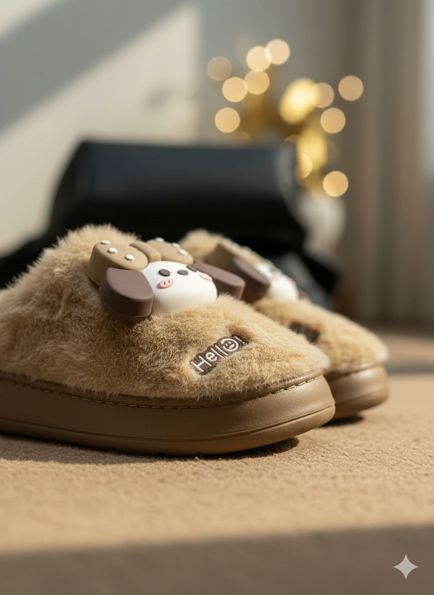 Hello Puppy Cozy Slippers 3D Bow Puppy Plush Slippers | Cute Winter Indoor Shoes