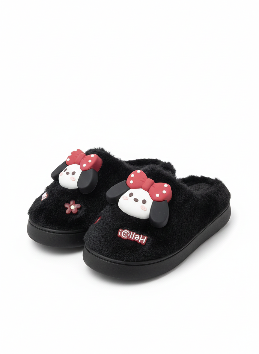Hello Puppy Cozy Slippers 3D Bow Puppy Plush Slippers | Cute Winter Indoor Shoes