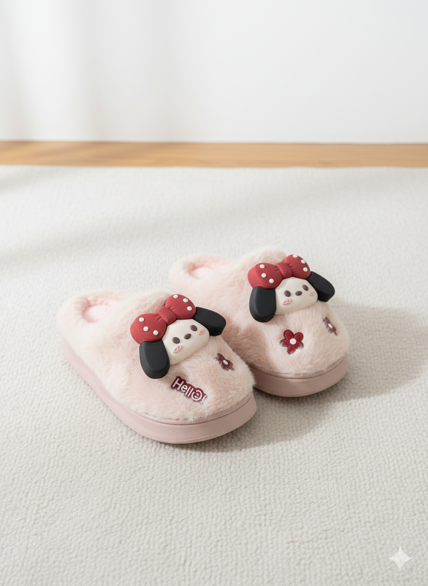 Hello Puppy Cozy Slippers 3D Bow Puppy Plush Slippers | Cute Winter Indoor Shoes