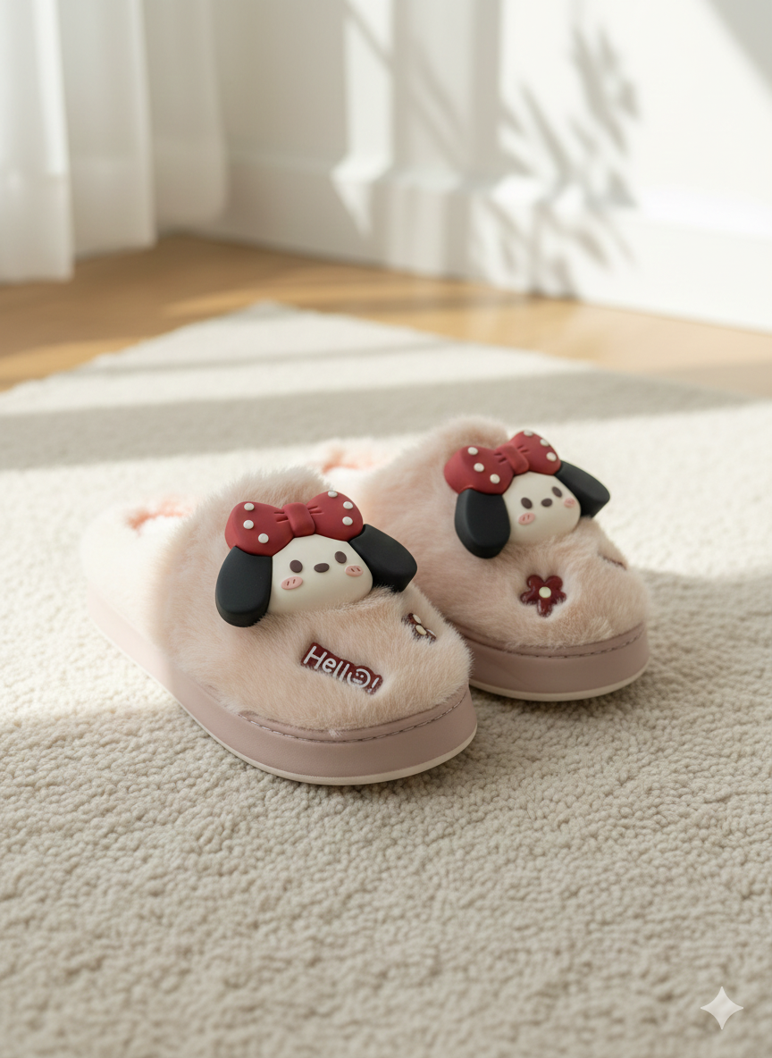 Hello Puppy Cozy Slippers 3D Bow Puppy Plush Slippers | Cute Winter Indoor Shoes