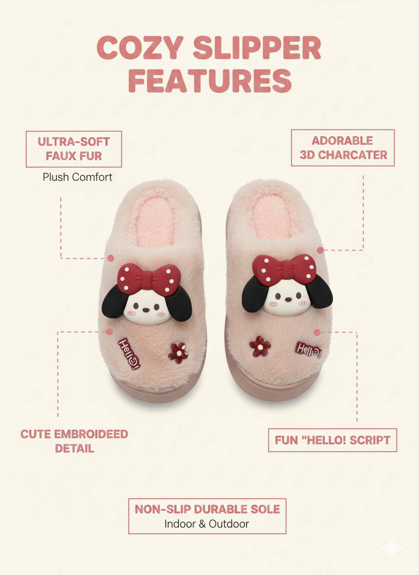 Hello Puppy Cozy Slippers 3D Bow Puppy Plush Slippers | Cute Winter Indoor Shoes