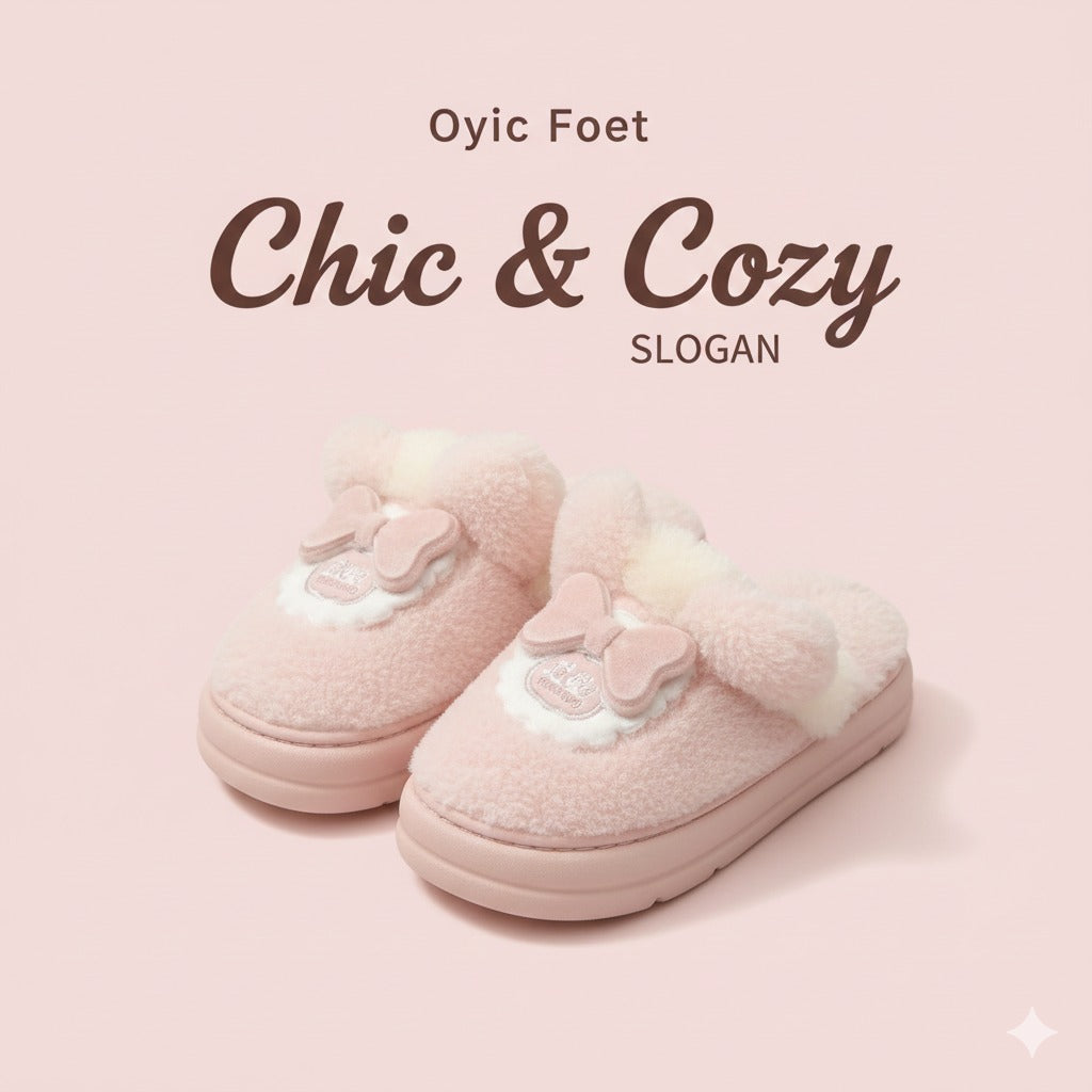 Fuzzy Bow Charm Slippers  Soft Plush Winter Indoor Shoes