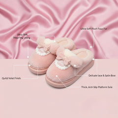 Fuzzy Bow Charm Slippers  Soft Plush Winter Indoor Shoes