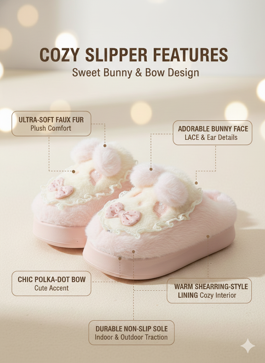 Sweet & Cute Puppy Bow Slippers | Kawaii Lace Puppy Plush Slippers | Soft Winter Indoor Shoes