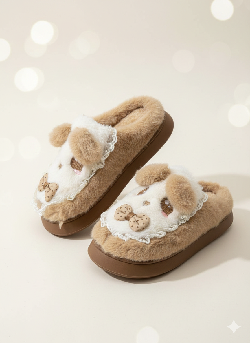 Sweet & Cute Puppy Bow Slippers | Kawaii Lace Puppy Plush Slippers | Soft Winter Indoor Shoes