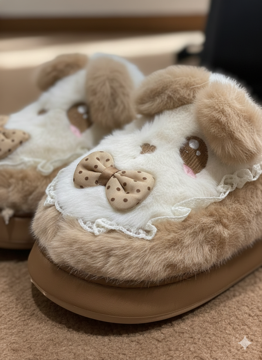 Sweet & Cute Puppy Bow Slippers | Kawaii Lace Puppy Plush Slippers | Soft Winter Indoor Shoes