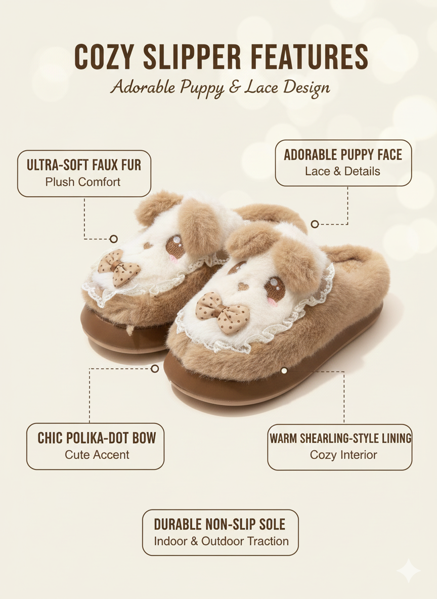 Sweet & Cute Puppy Bow Slippers | Kawaii Lace Puppy Plush Slippers | Soft Winter Indoor Shoes