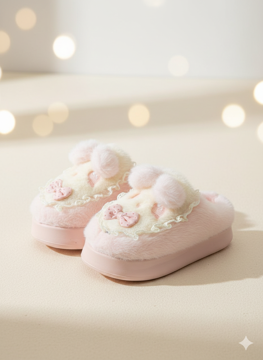 Sweet & Cute Puppy Bow Slippers | Kawaii Lace Puppy Plush Slippers | Soft Winter Indoor Shoes