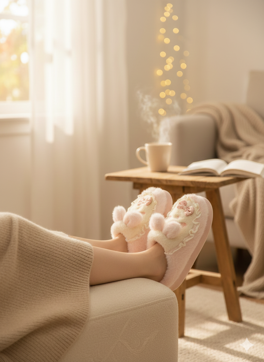 Sweet & Cute Puppy Bow Slippers | Kawaii Lace Puppy Plush Slippers | Soft Winter Indoor Shoes