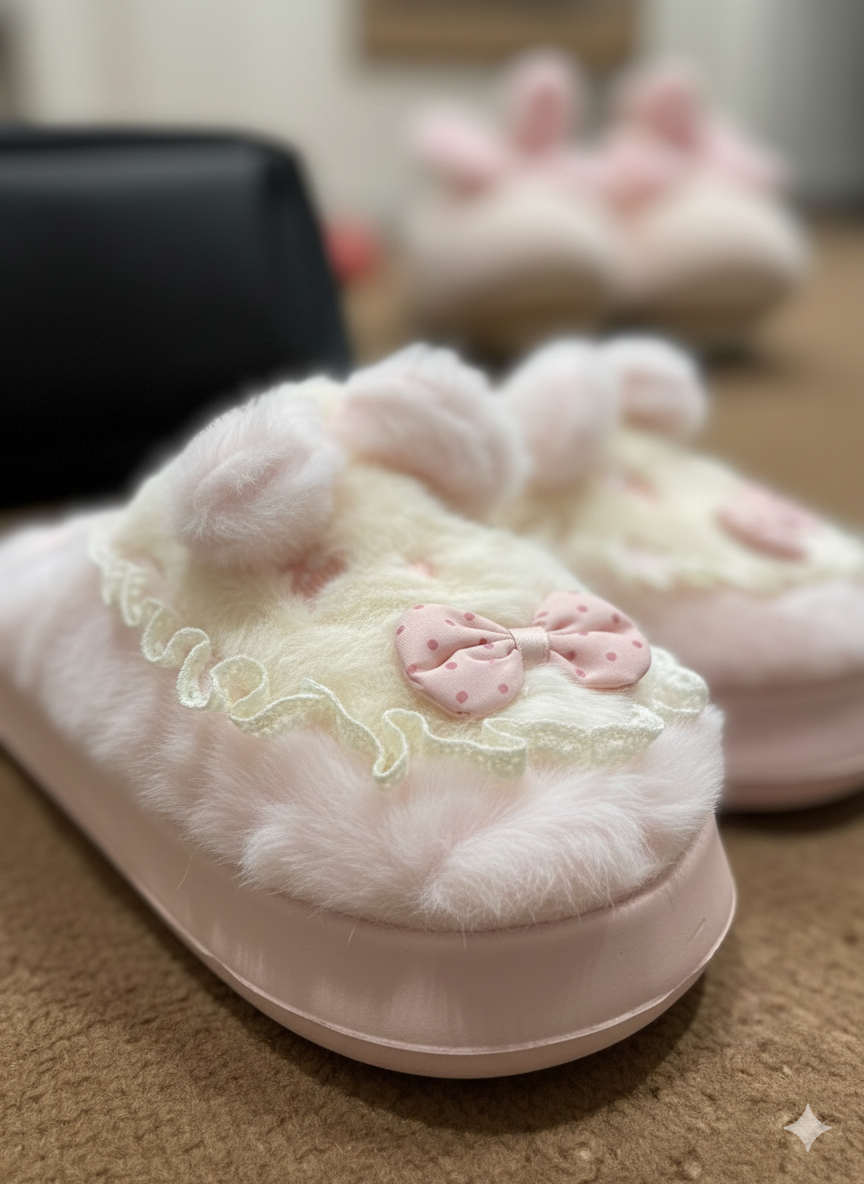 Sweet & Cute Puppy Bow Slippers | Kawaii Lace Puppy Plush Slippers | Soft Winter Indoor Shoes