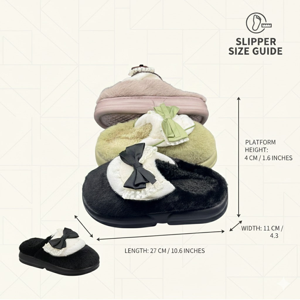 Luxe Lace Bow Plush Slippers  Cozy Winter Indoor Footwear