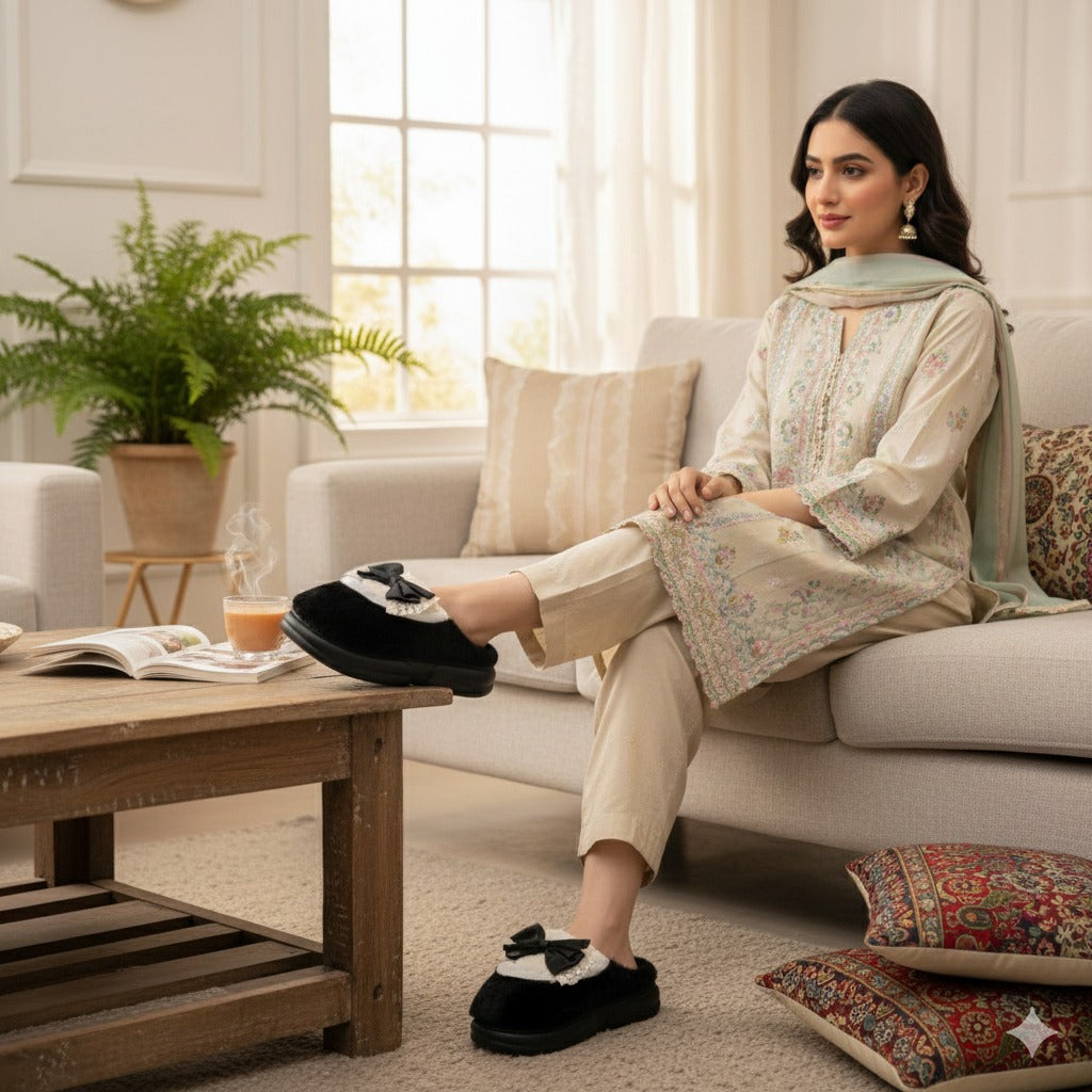 Luxe Lace Bow Plush Slippers  Cozy Winter Indoor Footwear