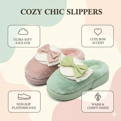 Luxe Lace Bow Plush Slippers  Cozy Winter Indoor Footwear
