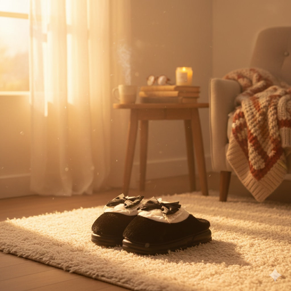 Luxe Lace Bow Plush Slippers  Cozy Winter Indoor Footwear