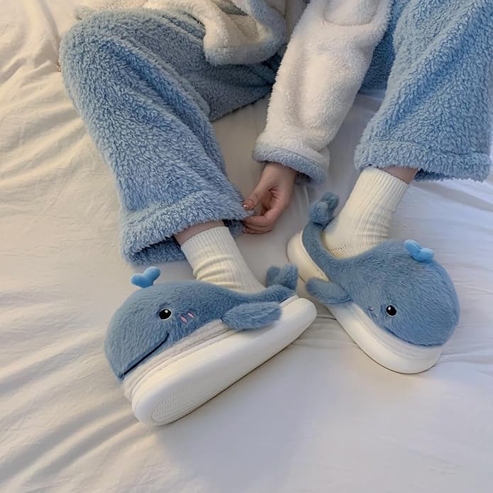 Plush Home Slippers for Men and Women, Cartoon Shark Animal Cotton Slippers, Winter Indoor Warm Soft and Comfortable Thick-soled Shoes