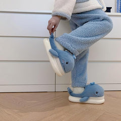 Plush Home Slippers for Men and Women, Cartoon Shark Animal Cotton Slippers, Winter Indoor Warm Soft and Comfortable Thick-soled Shoes