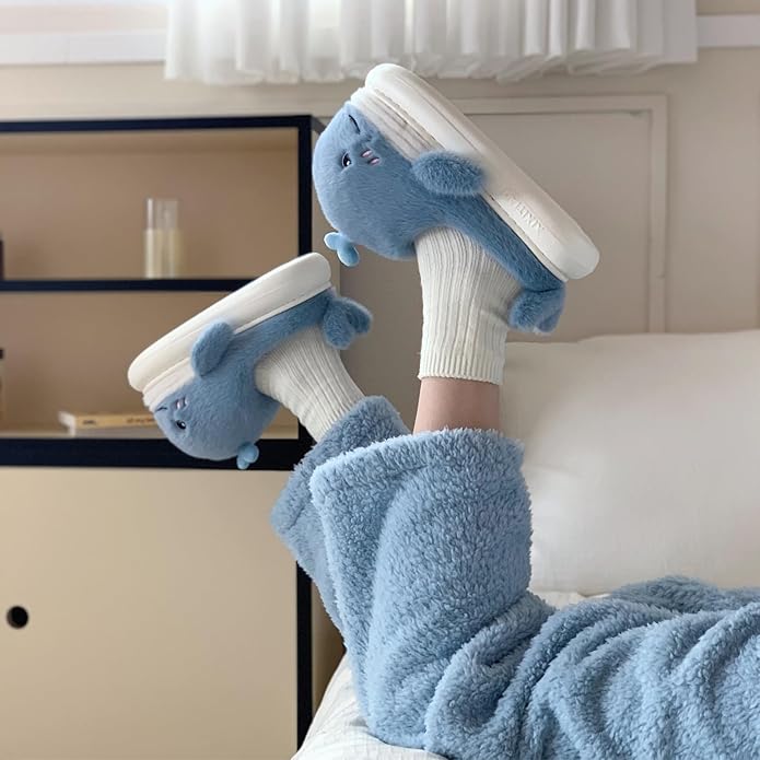 Plush Home Slippers for Men and Women, Cartoon Shark Animal Cotton Slippers, Winter Indoor Warm Soft and Comfortable Thick-soled Shoes