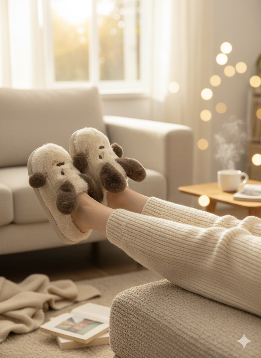 Plush Puppy Character Slippers | Warm Winter Indoor Shoes | 3D Puppy Face Cozy Slippers