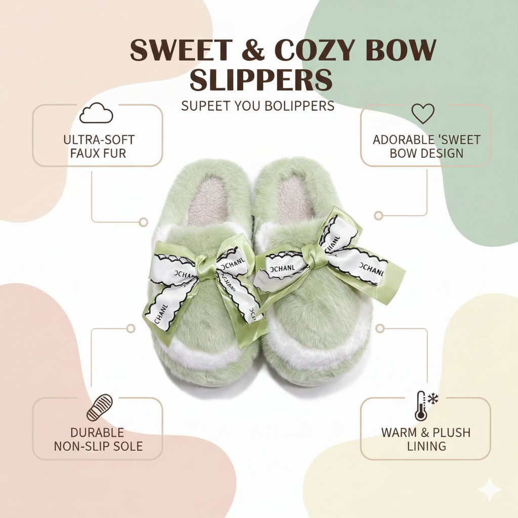 Sweet Bow Furry Slippers | Ultra-Soft Home Comfort | Warm Indoor Plush Slides