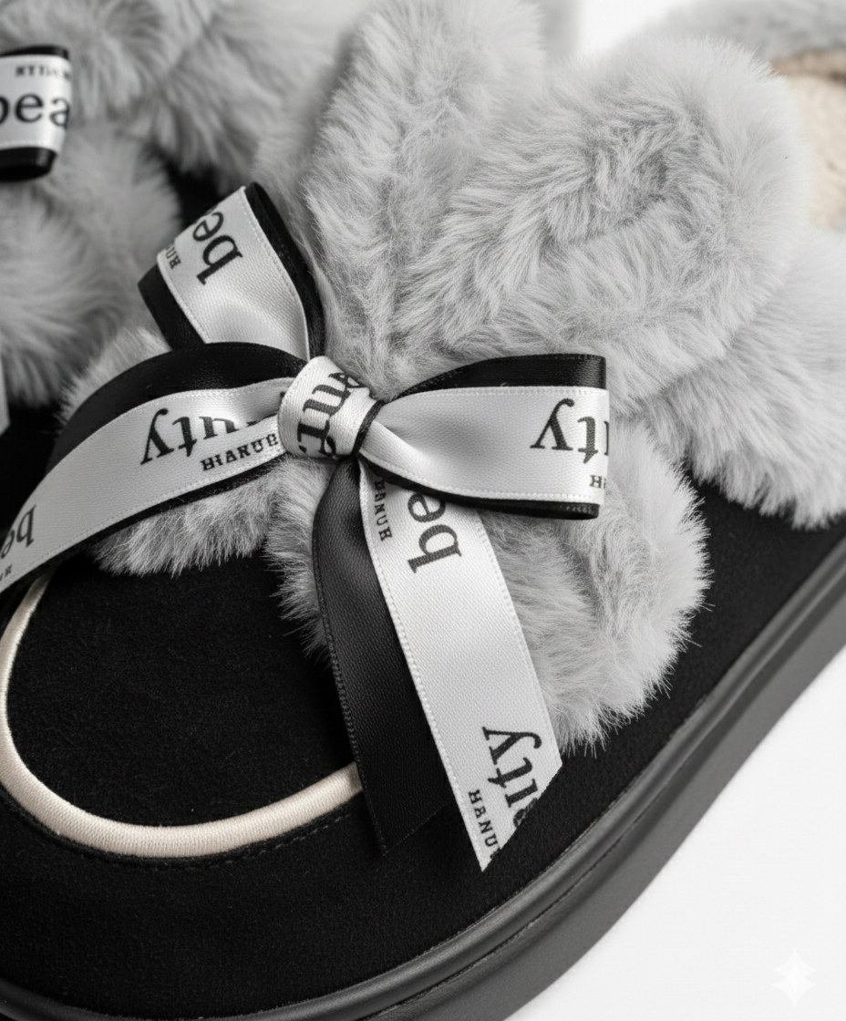 Sweet Bow Furry Slippers | Ultra-Soft Home Comfort | Warm Indoor Plush Slides
