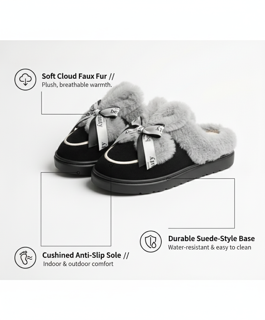 Sweet Bow Furry Slippers | Ultra-Soft Home Comfort | Warm Indoor Plush Slides