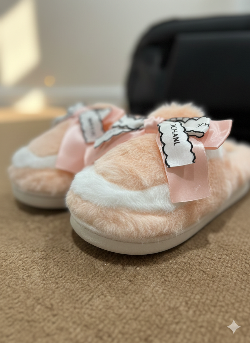 Sweet Bow Furry Slippers | Ultra-Soft Home Comfort | Warm Indoor Plush Slides