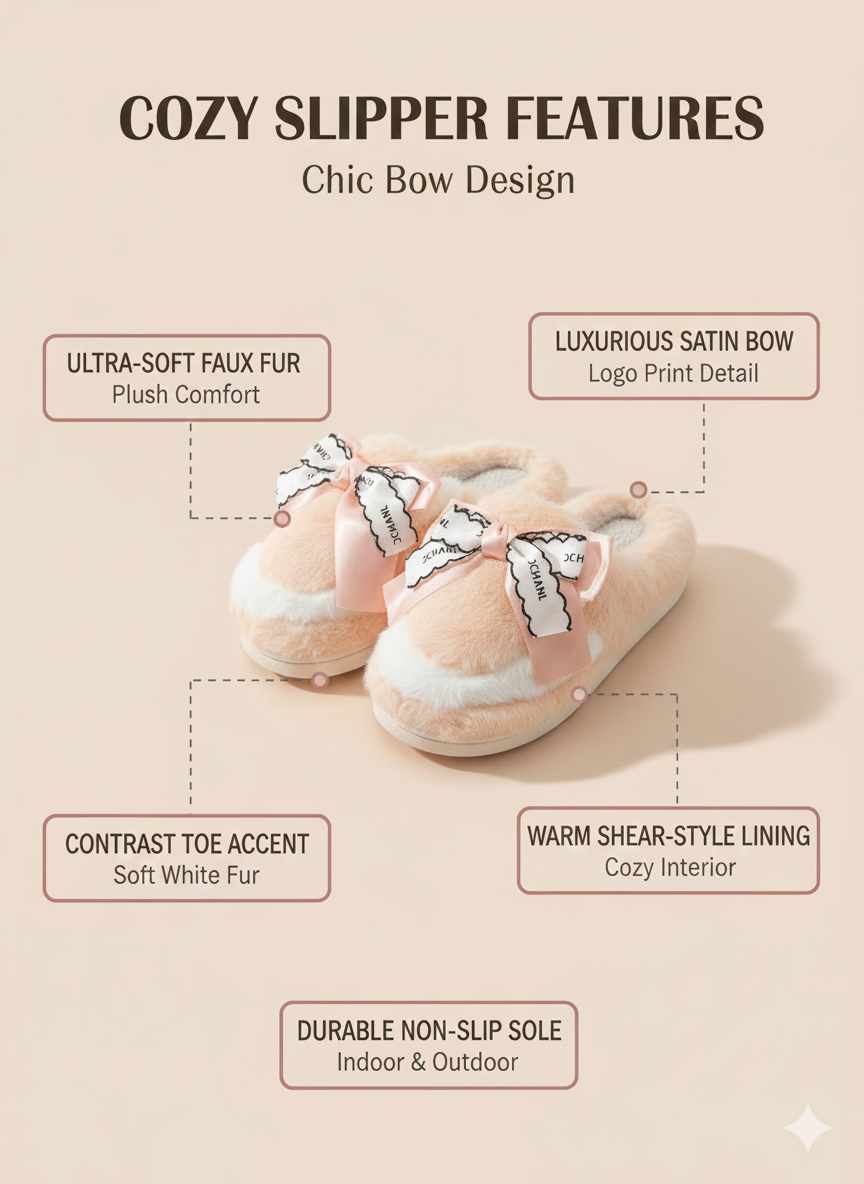 Sweet Bow Furry Slippers | Ultra-Soft Home Comfort | Warm Indoor Plush Slides