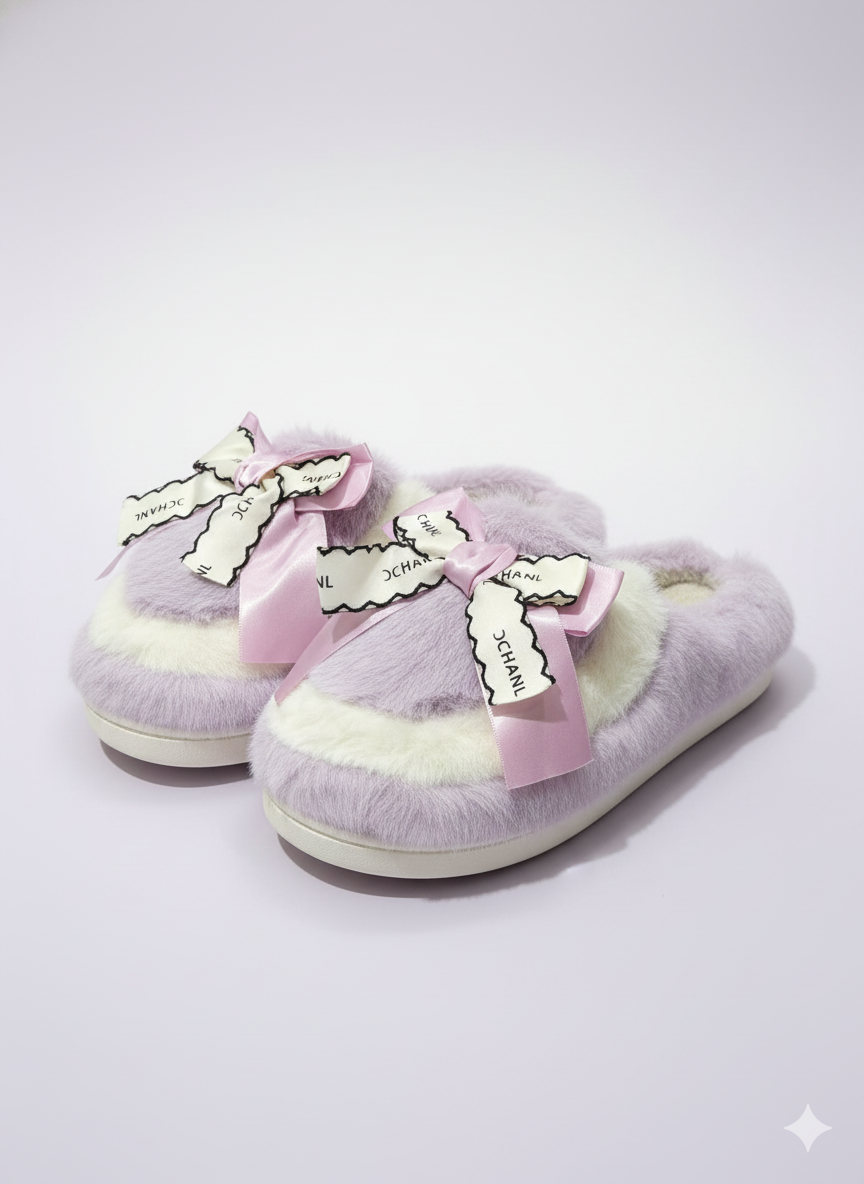 Sweet Bow Furry Slippers | Ultra-Soft Home Comfort | Warm Indoor Plush Slides