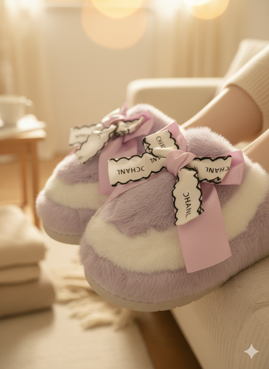 Sweet Bow Furry Slippers | Ultra-Soft Home Comfort | Warm Indoor Plush Slides