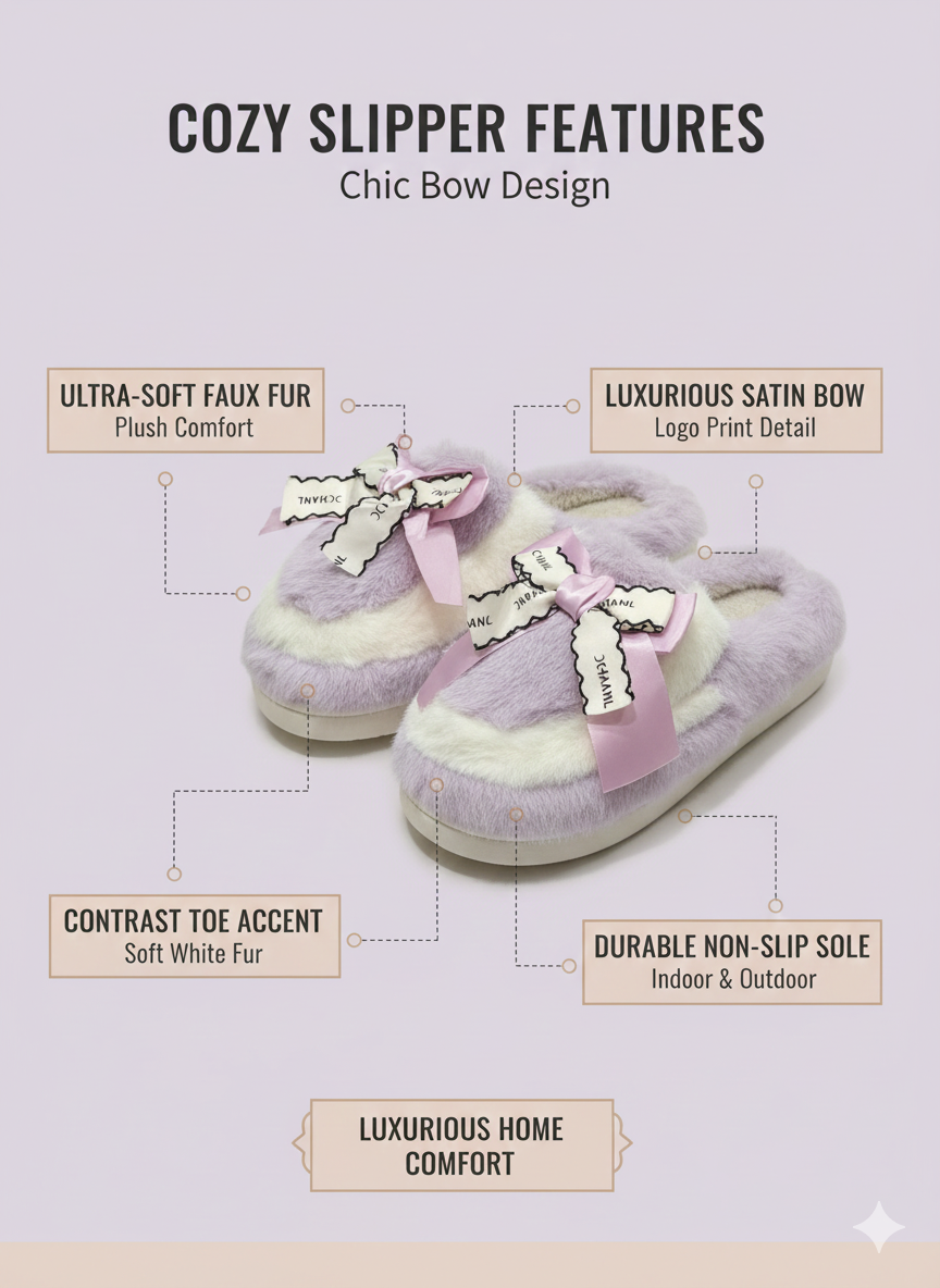 Sweet Bow Furry Slippers | Ultra-Soft Home Comfort | Warm Indoor Plush Slides